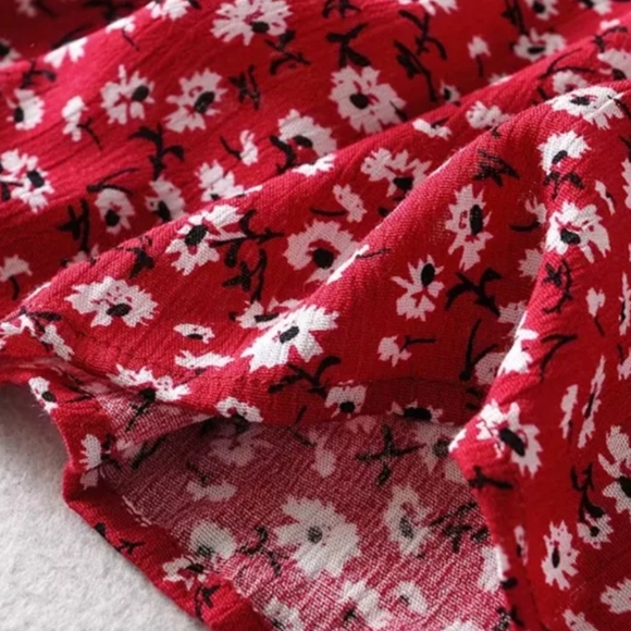 ×2 Red Floral Cotton Midi Skirt and Flutter Sleeve Top Set - Picture 11 of 13